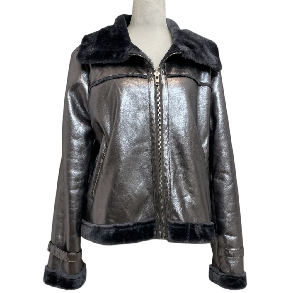 DO + BE Silver Metallic Faux Leather & Gray Faux Fur Lined Jacket